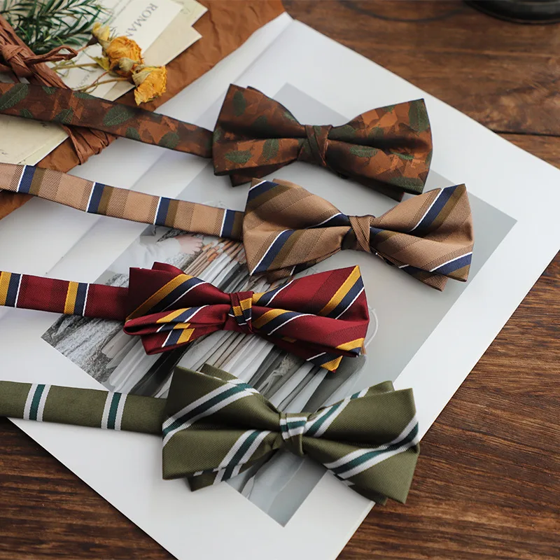 Vintage Striped Bow Tie Korean Style Burgundy Green Butterfly Necktie, Elegant Groom Groomsmen Wedding Party Banquet Accessory