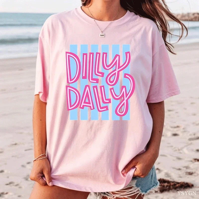 Dilly Dally Graphic Tee Funny Cute Saying T-Shirt Women Cotton Trendy Short Sleeve Printed Summer T Shirt Round Neck Woman