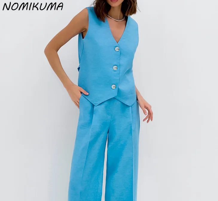 Nomikuma 2023 Causaal Blauw Katoen Linnen 2 Stuks Sets Vrouwen Zomer Mode Mouwloos Vest + Hoge Taille Rechte Lange Broek