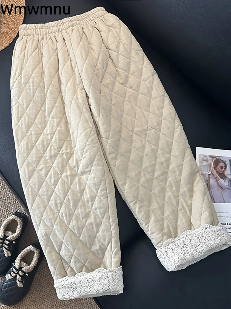 

Утолщенные теплые винтажные брюки, женские повседневные эластичные шаровары, кружевные лоскутные брюки до щиколотки с высокой талией, Hosen