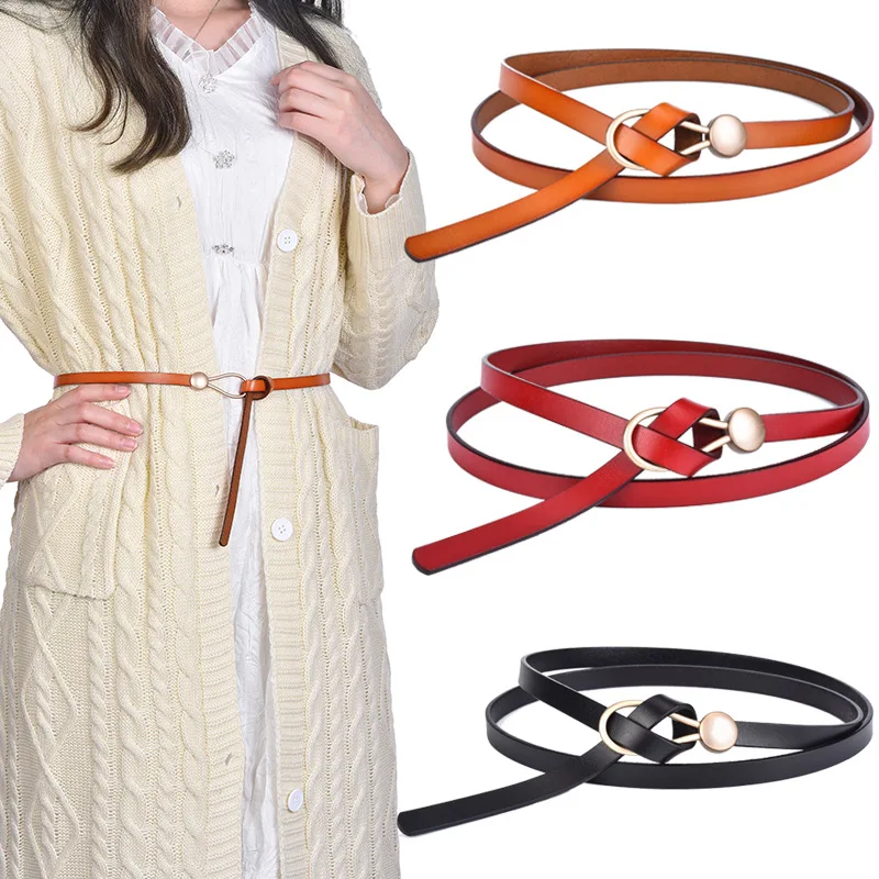 

Fashion Leather Belt Women Thin Waist Belt Fashion Knotted Buckle Cowhide Leather Alloy Buckle Waistband Suit Dress Overcoat