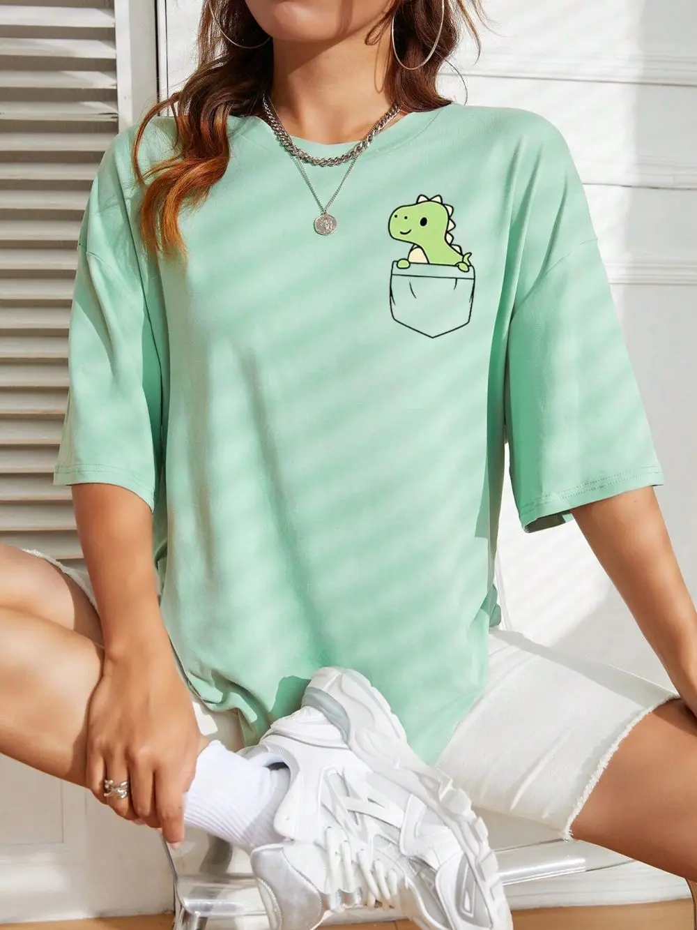 Korean Fashion Women Cotton T-shirt Kawaii Cartoons Little Dinosaur Printing Tee Summer Casual Comfortable Short Sleeve Clothes