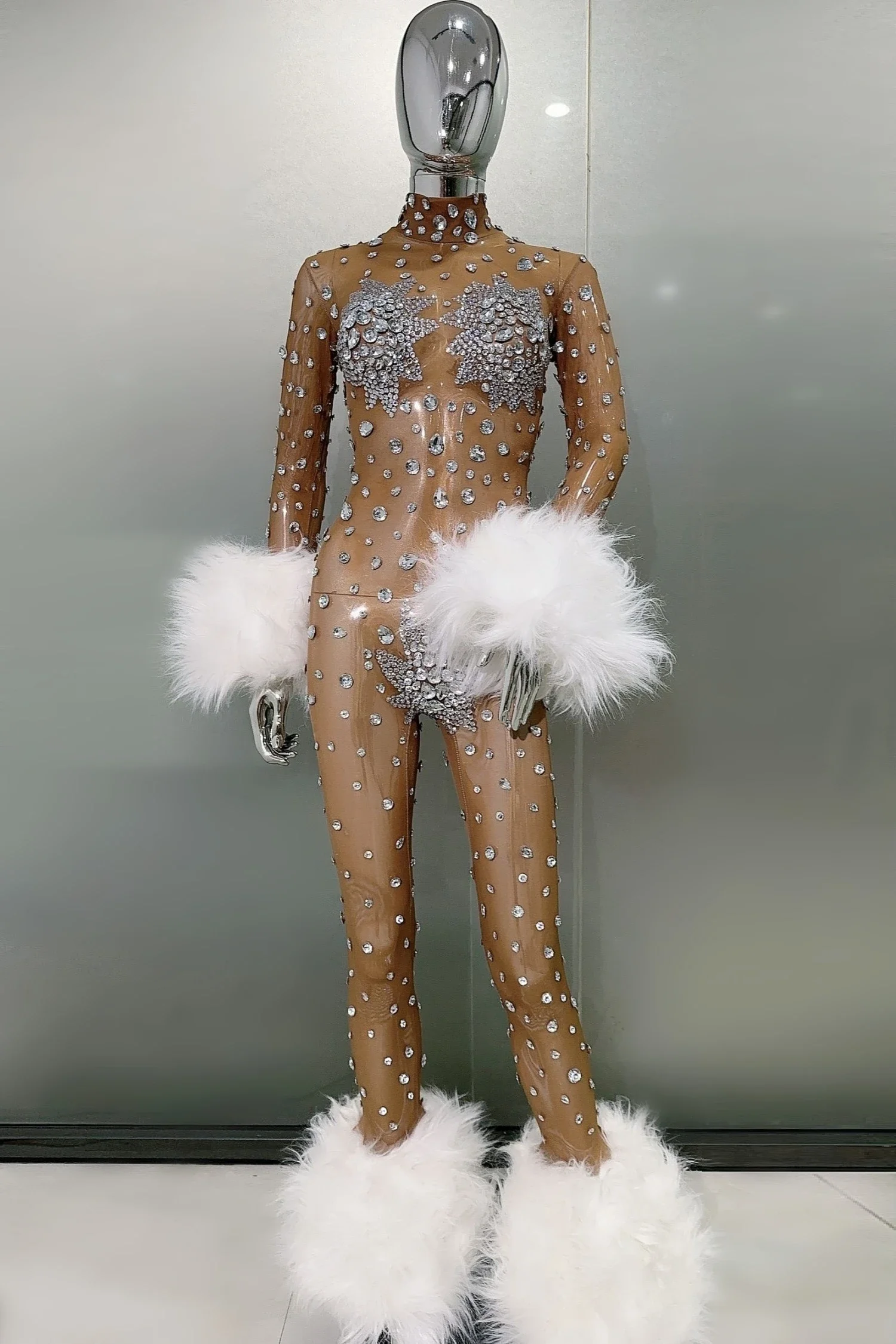 Rhinestones Feathers NUDE สีผู้หญิงเซ็กซี่บอดี้สูทยืดหยุ่น Jumpsuit POLE Dance ไนท์คลับปาร์ตี้ชุดเวทีสวมใส่