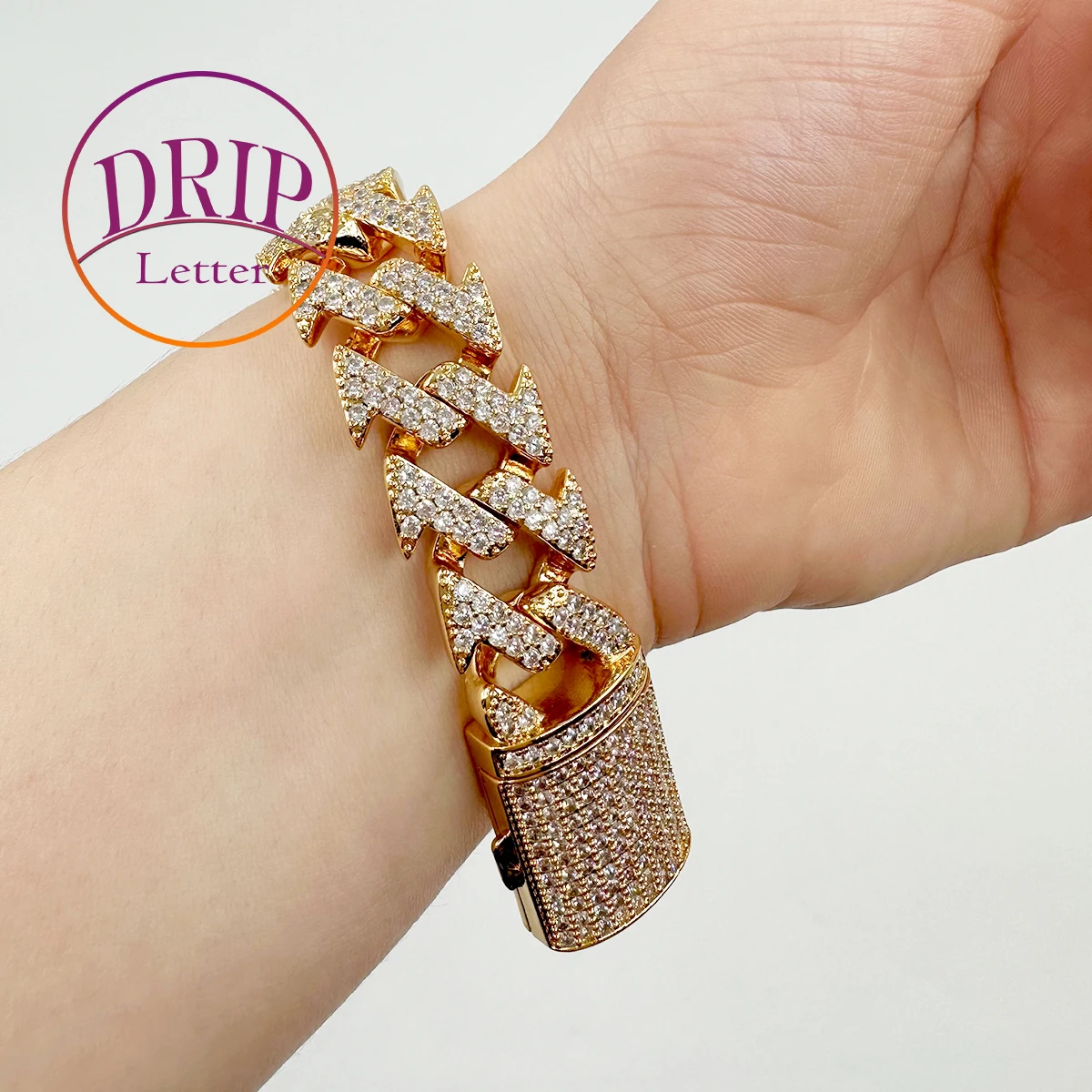 

Drip Letter Iced Out Miami Cuban Link Bracelet for Women Prong Setting Real Gold Plated Cubic Zirconia Hip Hop Jewelry