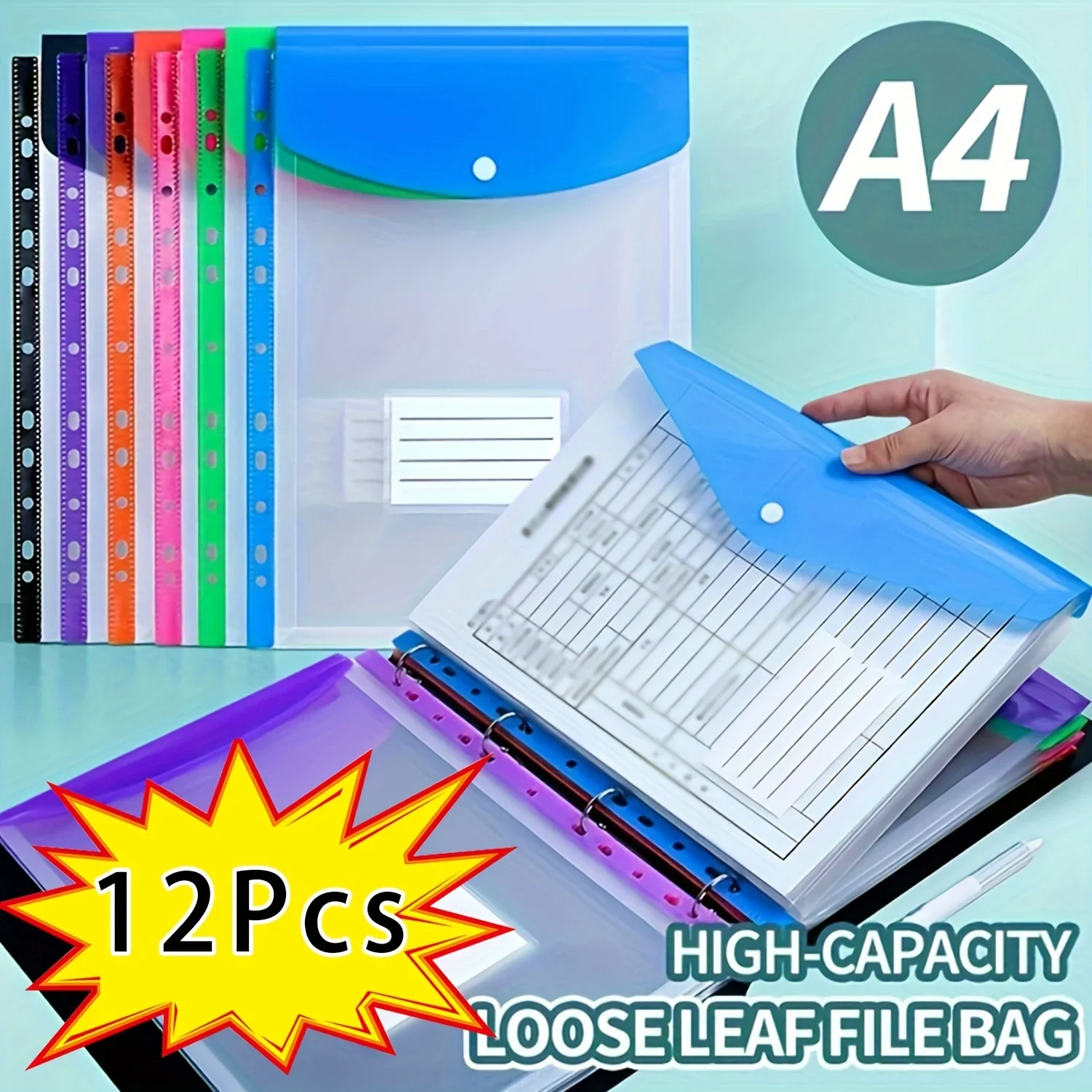 

12PCS A4 High-Capacity Loose-Leaf File Bags with Hole Binding Rings,Expandable Button and Label Pockets,Suitable for School