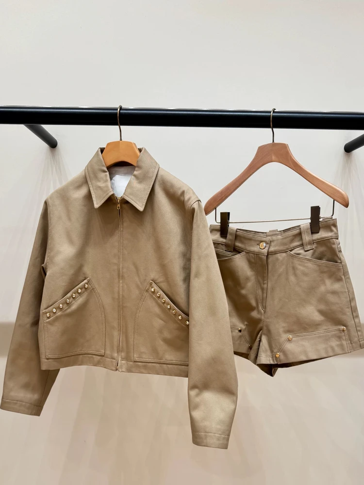 

Ретро Sle ort Diamond Embedded Jaet And orts Комплект из двух предметов Ele Commuter Cotton Blend Faion для молодых женщин