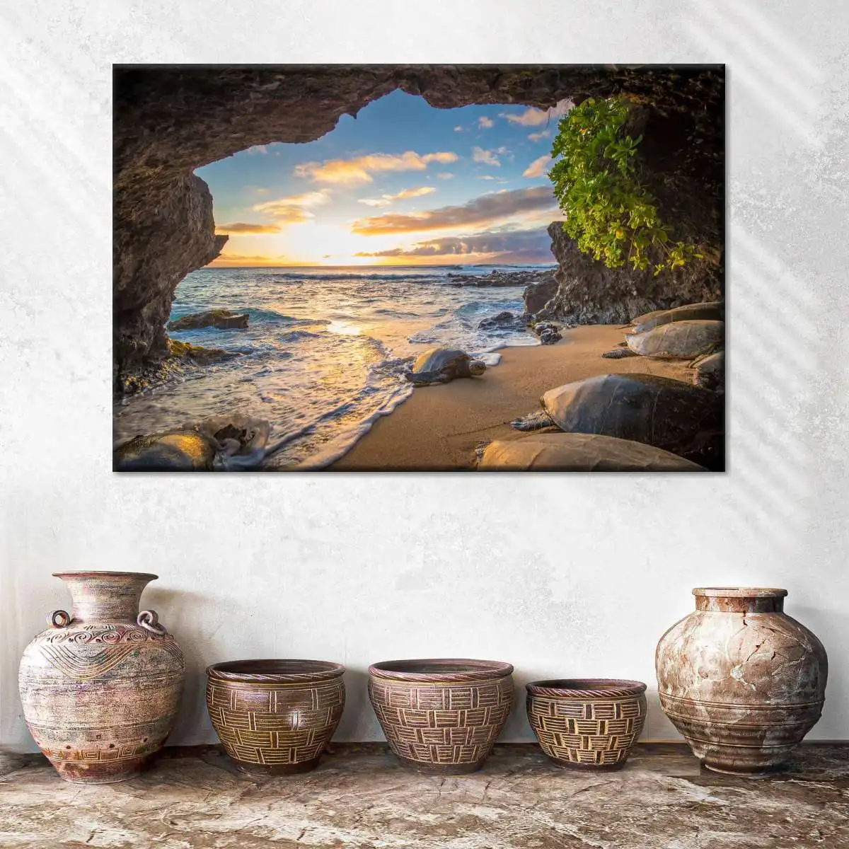 1PC Sea Turtles on Beach Cave Sunset Ocean Landscape Wall Art, Tropical Coastal Scenery Poster, Unframed Canvas Print Home Decor