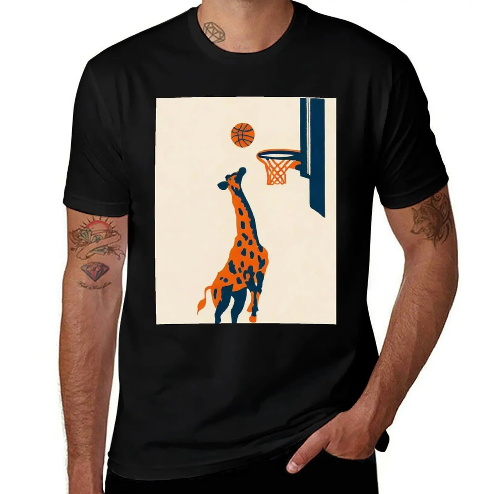 Minimalist Risograph Print / Giraffe Dunking Basketball T-Shirt mens graphic t shirts T-Shirt