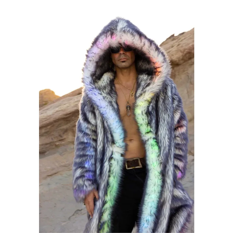 Carnival Party Rave Outfit LED Fur Coat Long Men Winter Jacket Luxury Nightclub DJ Show Stage Performance Costume Halloween