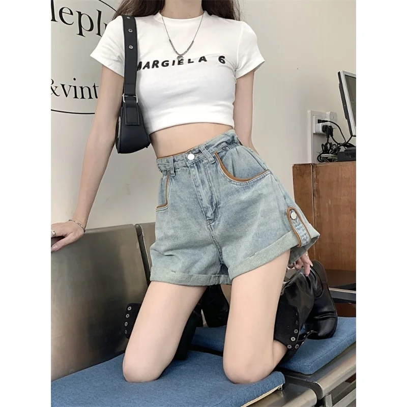 Curled Denim Women's Summer Casual High Waisted Blue Wide Leg Pants Loose Straight A-line Shorts Hot Pants