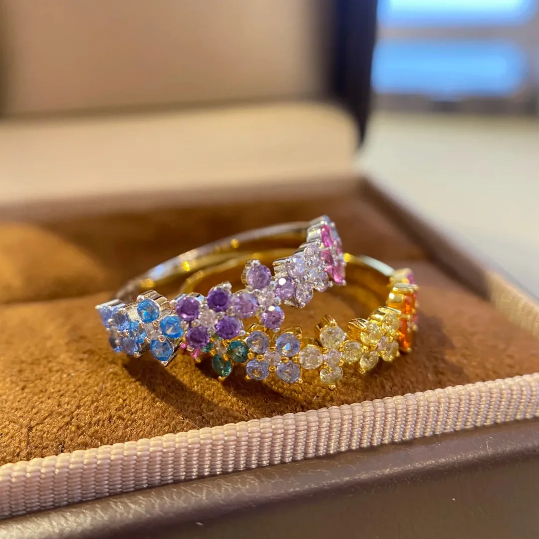 S925 Sterling Silver Ring Vintage Dopamine Style Light Luxury Color Diamond Strip Row Ring For Fashion Forward Females