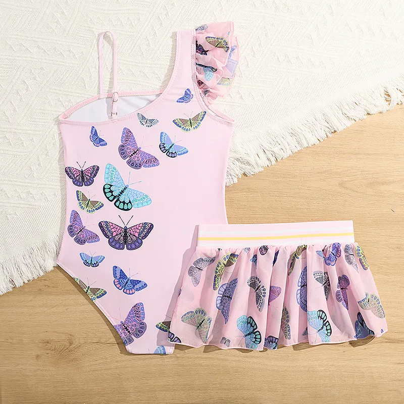 Butterfly Print Girls One Piece Swimsuit 4-7 Year Kids Swim Suit Infant Children\'s Swimwear 2025 Pink Bathing Suits with Skirt