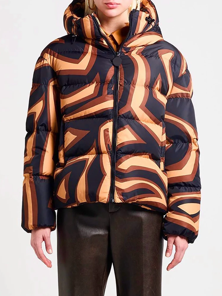 Winter Fashion Vintage Geometric Pattern Printing Casual Down Jacket Women's Hooded Long Sleeve Zipper Pockets Warm Jacket