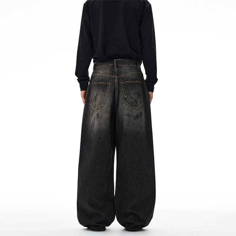 جينز رمادي أسود عتيق لخريف 2025 للرجال، فضفاض مستقيم، أرجل واسعة، سروال Y2K عصري وحنين