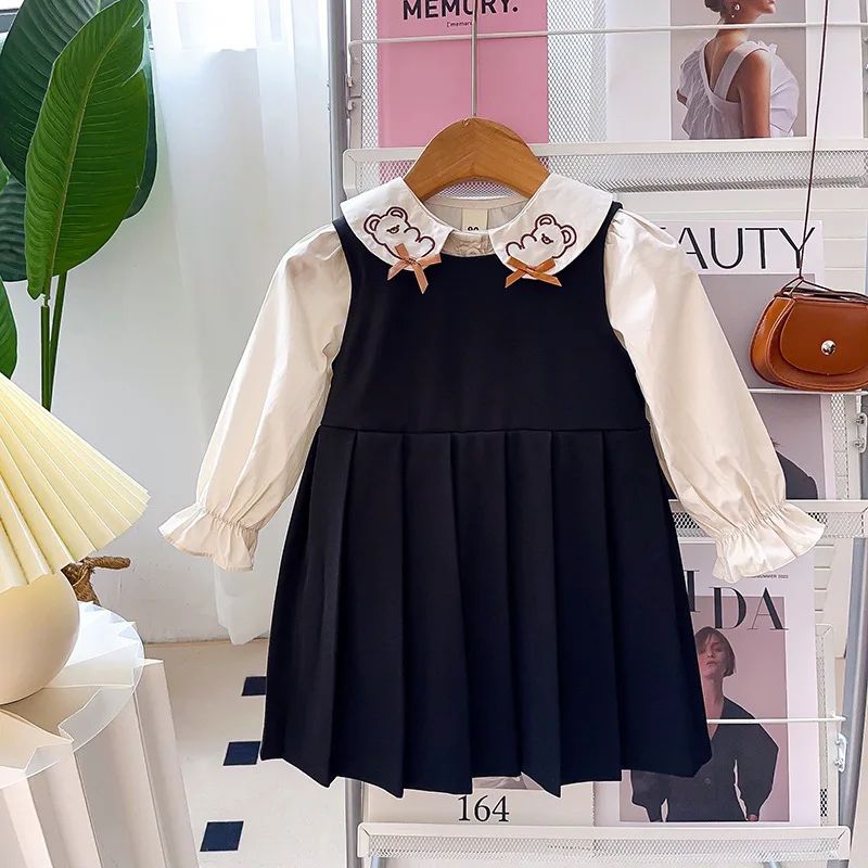 

2025Spring and Autumn New Girls' Preppy Style Cute Shirt Bear Korean Style Western Style Vest Dress