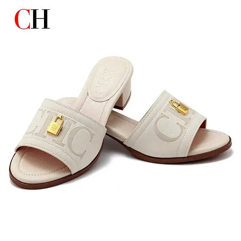 

CH 2026 Elegant Women's Sandals Leather Dressy Party Evening Luxury Metal Buckle Non Slip Comfort Women Shoes Gift Box