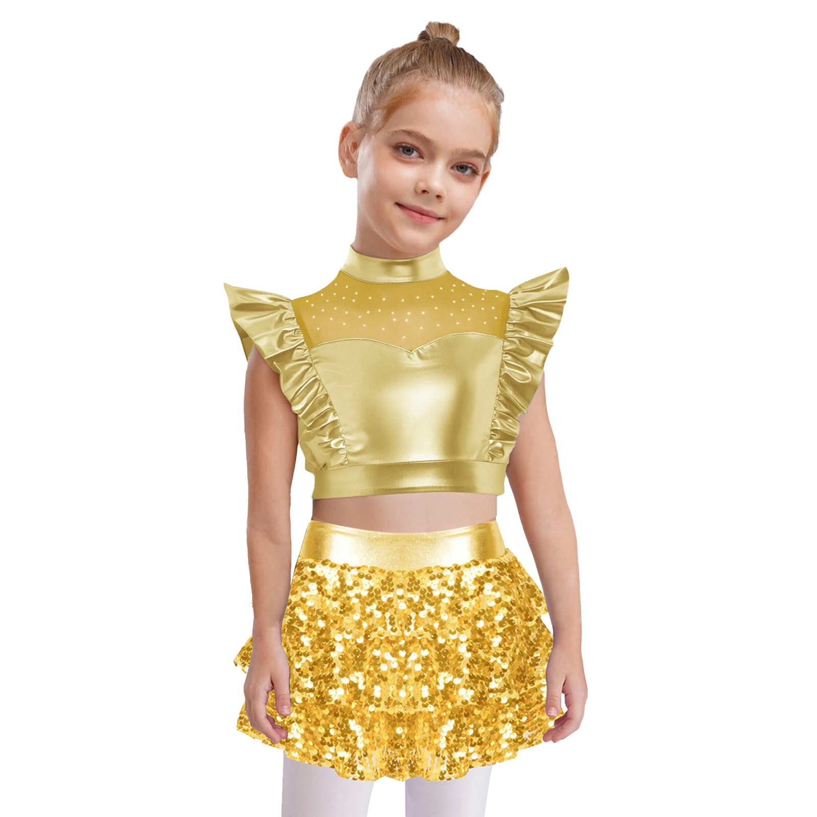 

Kids Girls 2Pcs Set Jazz Dance Outfit Metallic Ruffle Crop Top with Tiered Skirt Culottes Cheerleading Stage Performance Costume