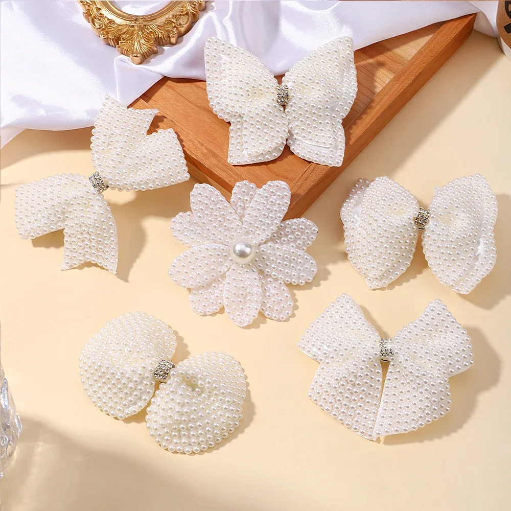 1PC New White Pearl Hair Bow Hair Clips for Girls Kids Boutique Layers Bling Rhinestone Hairpins Delicate Baby Hair Accessories