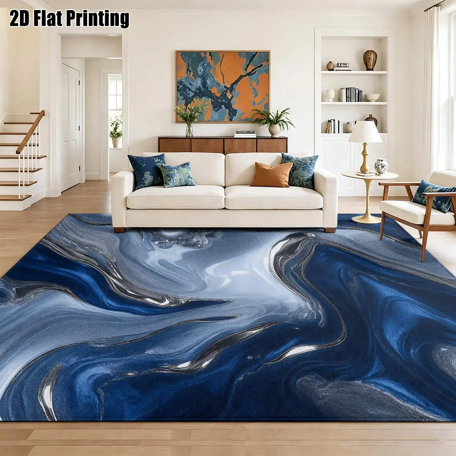1Pc 2D Printed Carpet: Blue-Grey Abstract Nordic Style, Instagram-Inspired Modern Minimalist Floor Mat, Home Decor, Multi-Size, Machine Washable, for Living Room, Bedroom, Dining Room, Entrance, Study