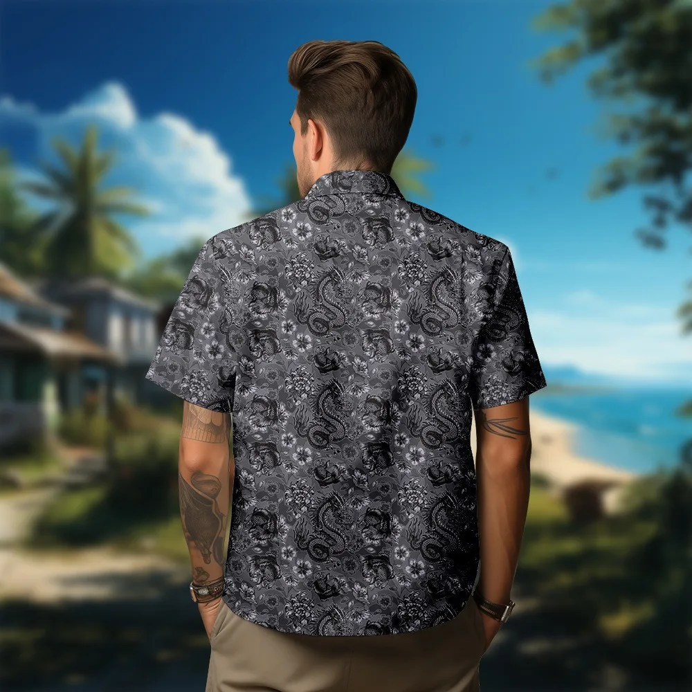 Dragon Black Punk Shirts Men's Short-sleeved Shirt Retro Summer Button Down for Men Hawaiian Style Cotton Shirts Beach Clothing