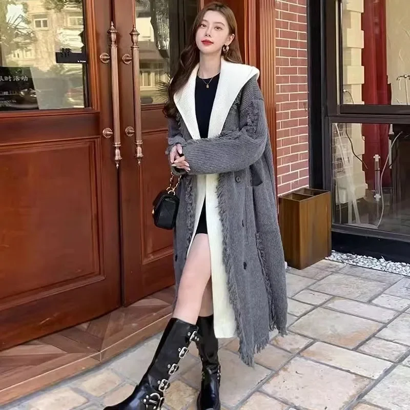 Hooded Sweater Long Jacket Feminine Thickened New Style High-end Feeling 2024 Lazy Style Fitting Fake Two-piece Knitted Cardigan