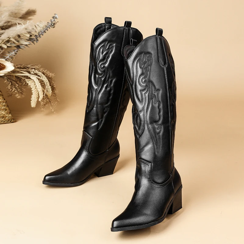 

Женские высокие сапоги Aneikeh в уличном стиле, осенне-зимние, на квадратном каблуке, с острым носком, дизайнерские, с вышивкой, в западном стиле