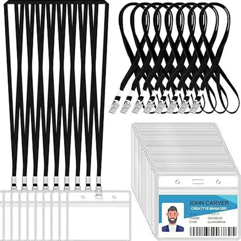 10Sets Transparent Card Holder Metal Clip Rope ID Tag Badge Storage Organizer Employee Pass Work Card Case Sleeve Waterproof