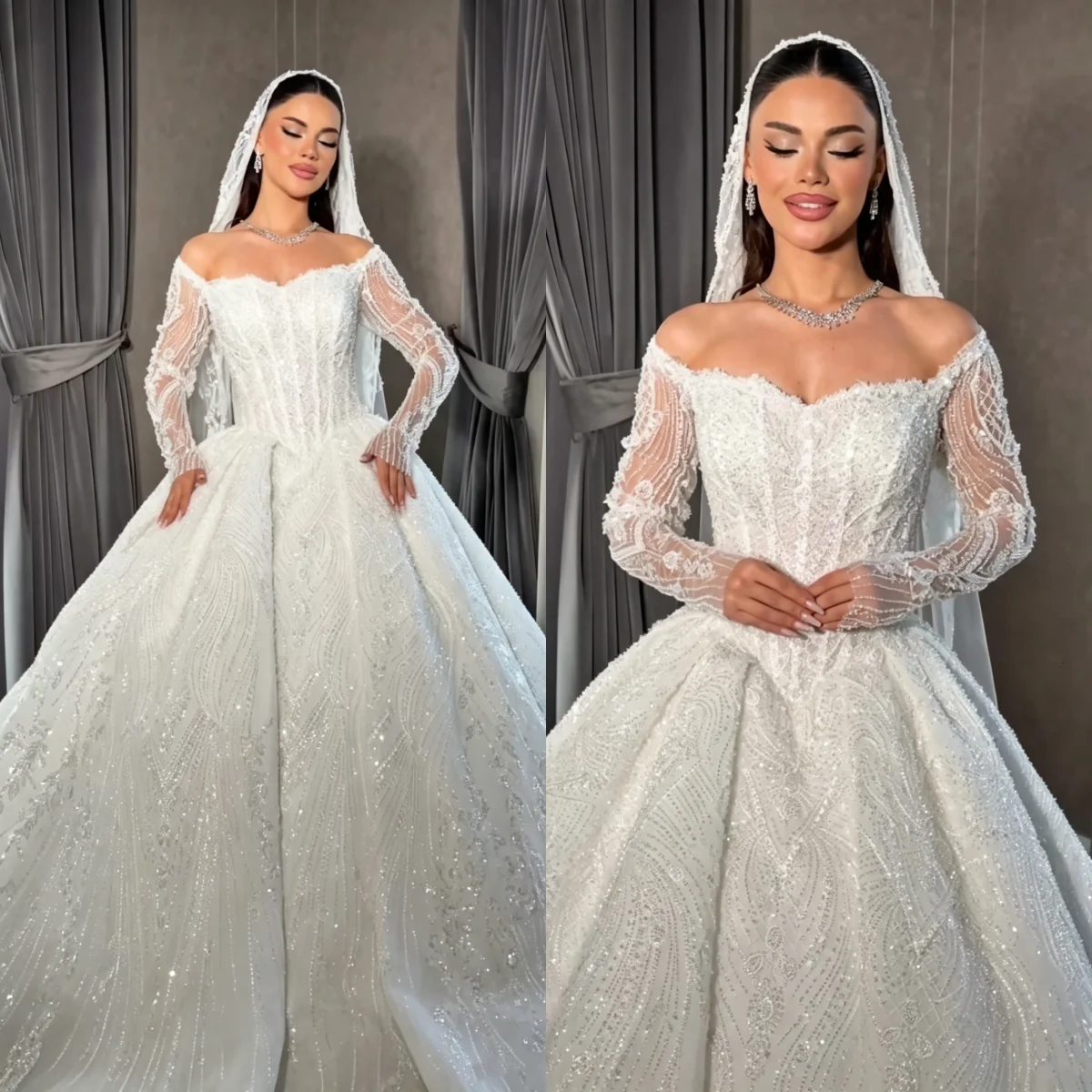 Off Shoulder Sweetheart Phantom Long Sleeve Princess Wedding Dress Lace Beaded Ball Dress Luxury Bride Dress Customized
