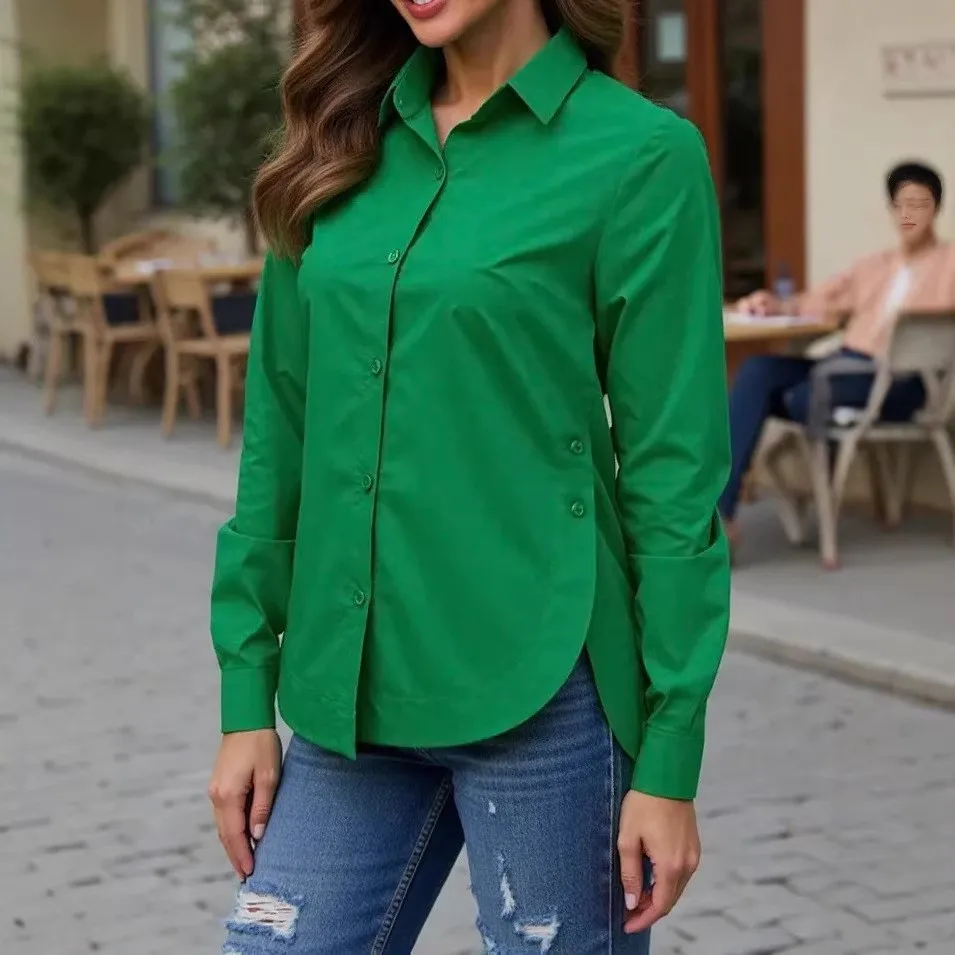 

Весенняя женская одежда: однотонная рубашка с длинным рукавом и пуговицами, из полиэстера, стандартного кроя, с отложным воротником, повседневный топ.
