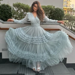 CustomizedBlue Tiered Tulle See Through Long Sleeves Evening Dress Elegant Floor Length A-Line V-Ncek Saudi Arabia Special Occas