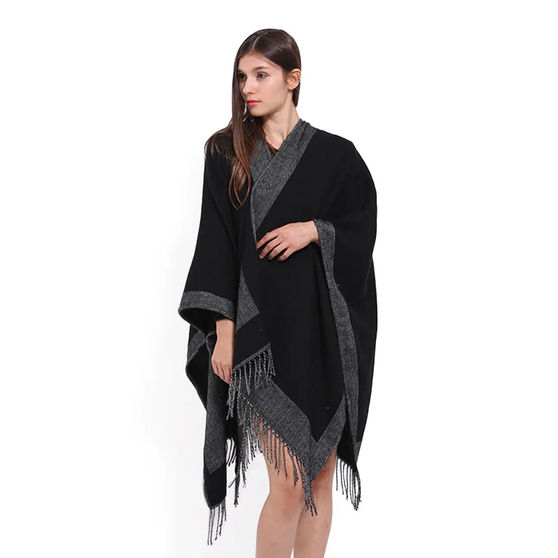 Women Cashmere Feel Shawl Lady Classic Black Cape Spring Autumn Vintage Cardigan Winter Tassels Cloak Two-sided Large Blanket