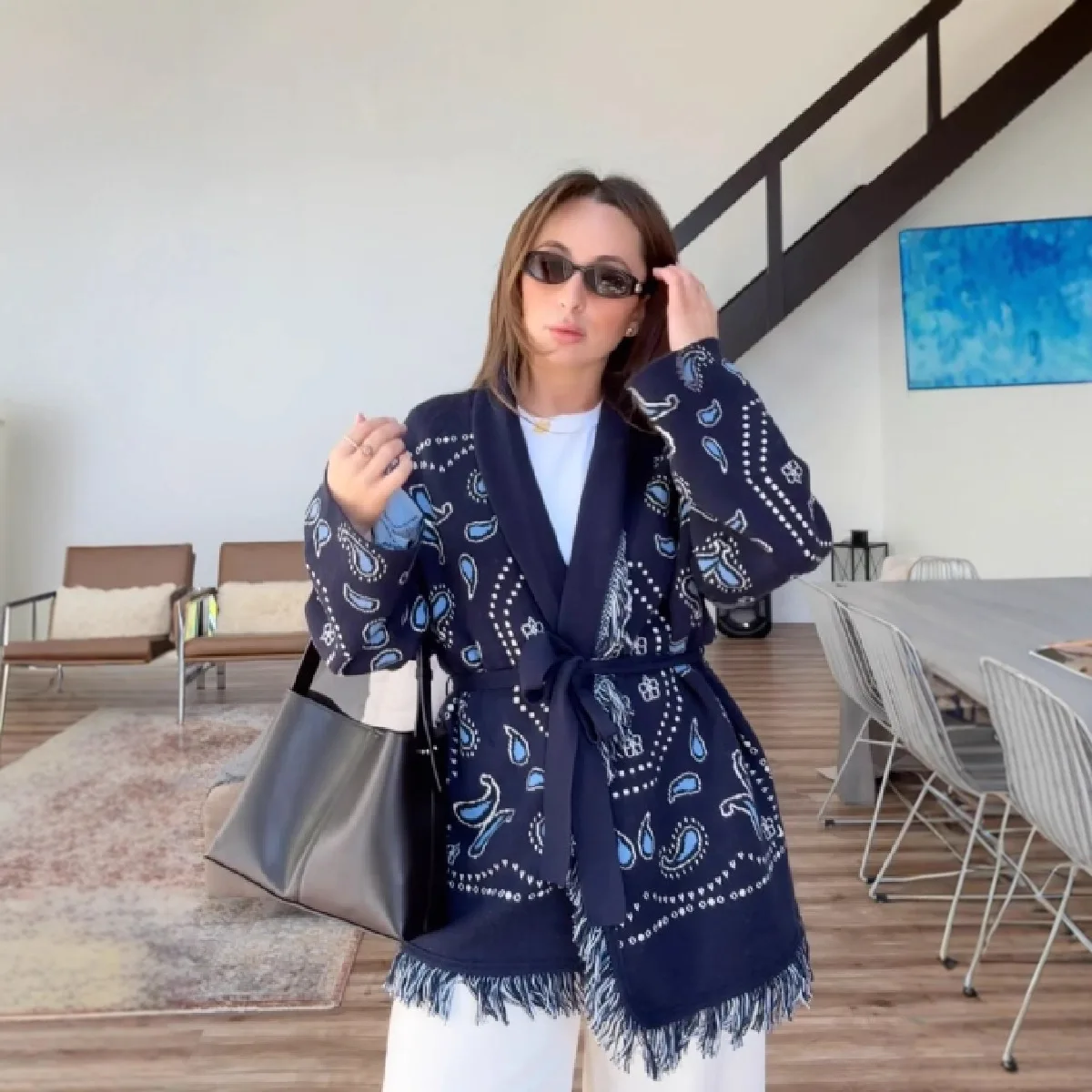 

FL винтажный женский кардиган с принтом кисточек и v-образным вырезом на шнуровке, свитера с длинными рукавами, осень 2022, женские универсальные Kintwears