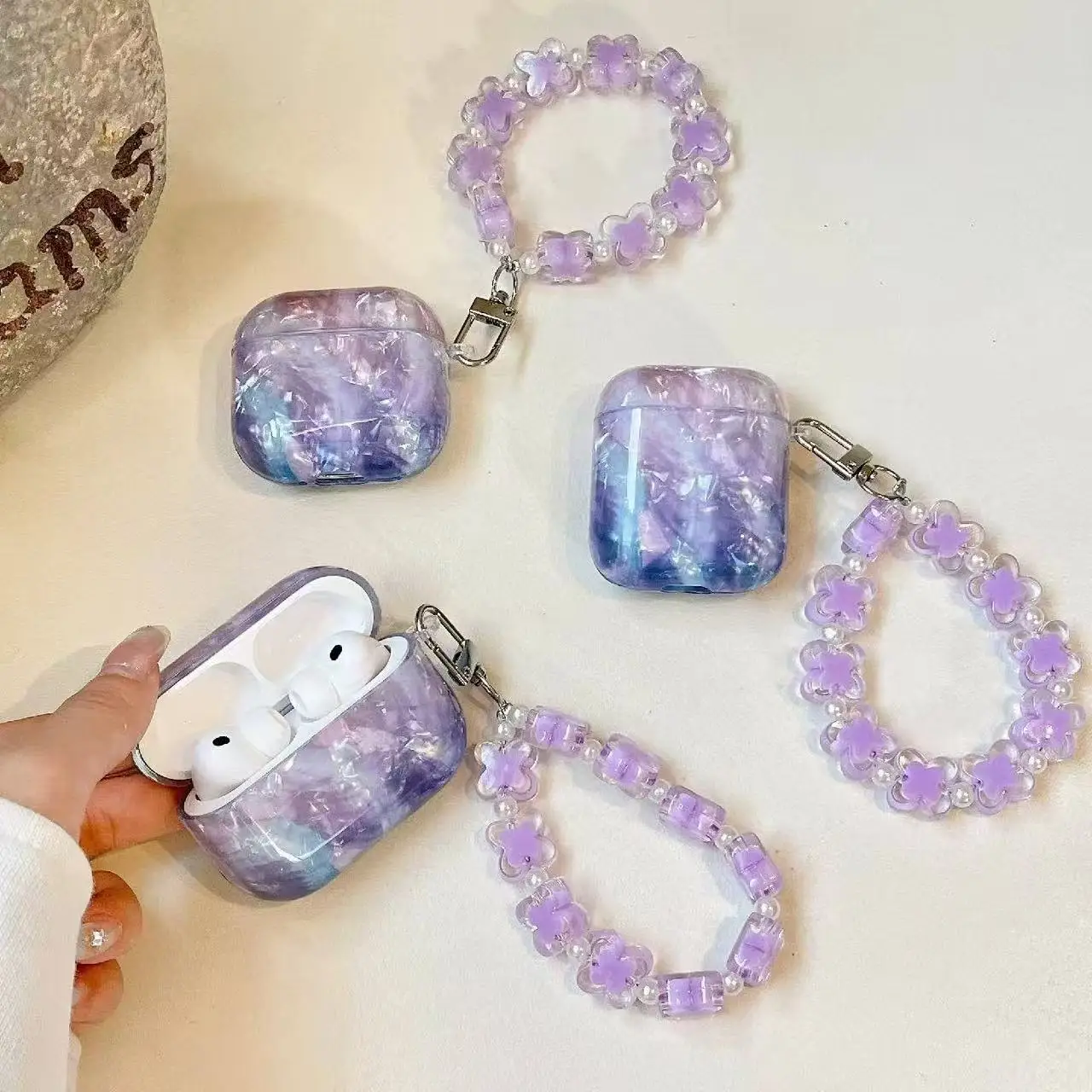 IMD Purple Gradient Shell Pattern Earphone Case For Airpods Pro 3 Pro2 4 2 1 Gen Wireless Headset Protective Cover With Bracelet