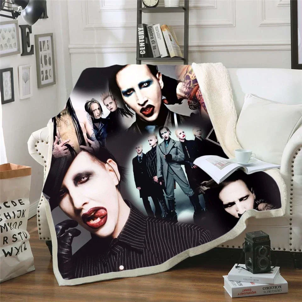 Singer Marilyn Manson 3D Sherpa Blanket Velvet Plush Throw Fleece Blanket Bedspread Couch Sofa Quilt Cover Travel Bedding 0007