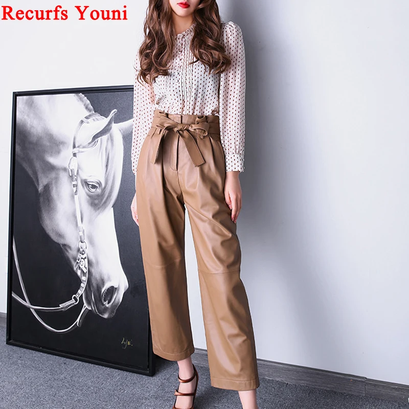 Straight Pants Women Female Genuine Leather Nappa Folded High Elastic Waist Bow Tie Lace Trousers Mujer Grass Green Pantalon