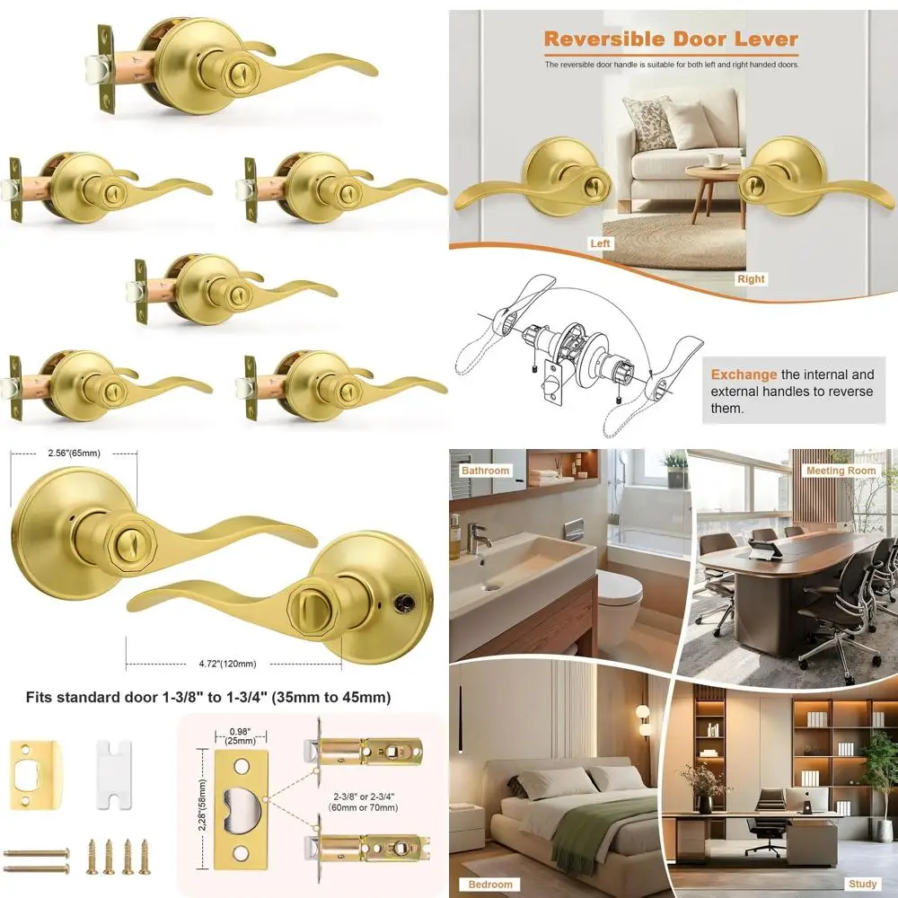 

Набор из 6 волновых матовых золотых дверных рычагов для конфиденциальности волнового типа для интерьера спальни и ванной комнаты