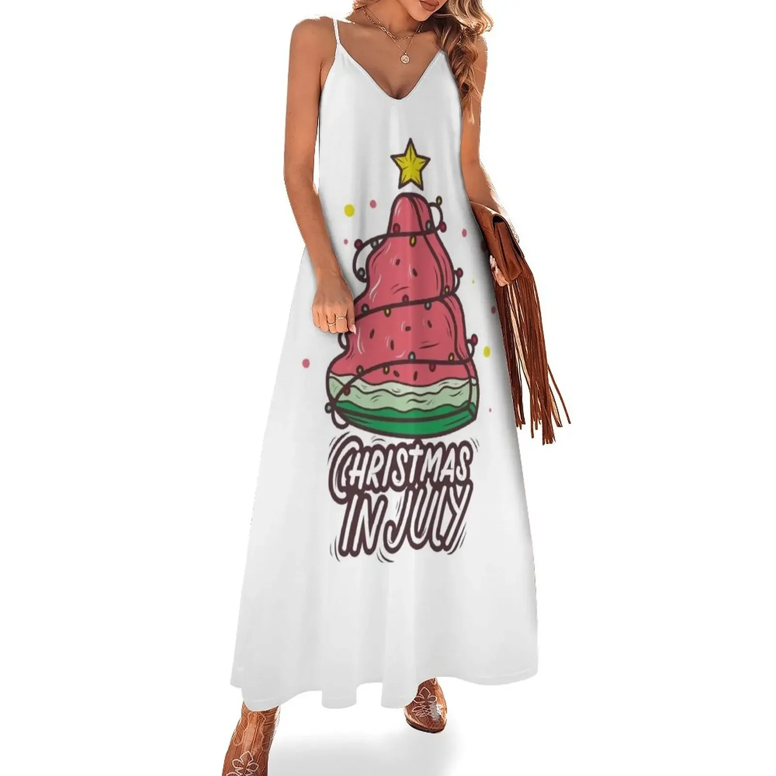 

Watermelon Christmas Tree Melon Christmas In July Summer Vacation Sleeveless Dress clothes for women