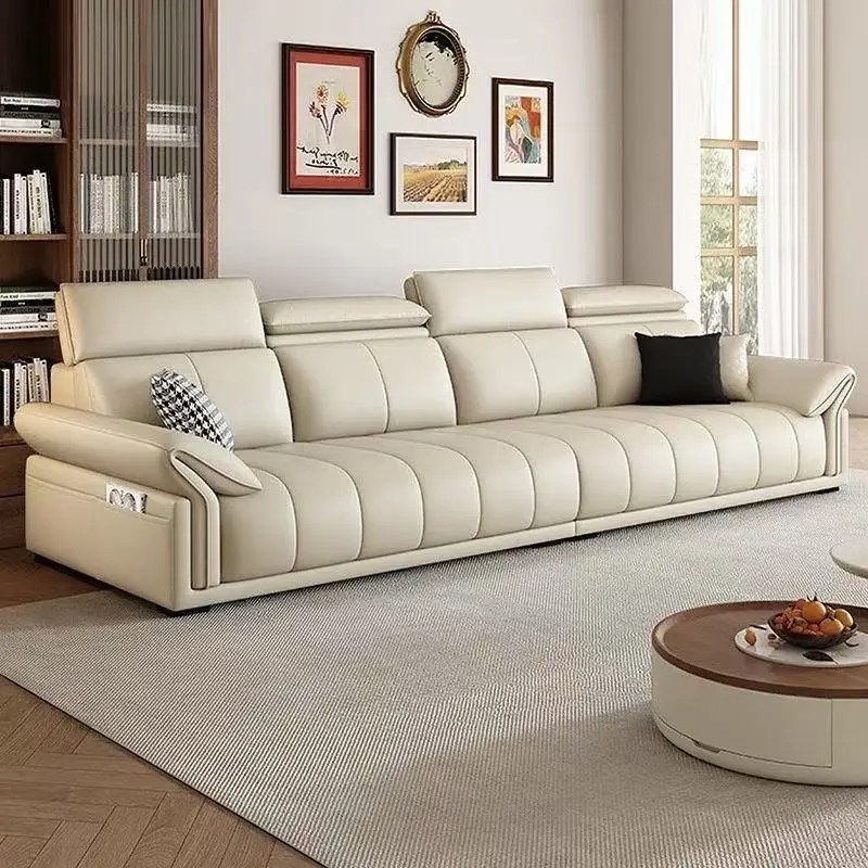 Leather sofa Modern simple living room sofa Light luxury Italian high backrest leather art sofa