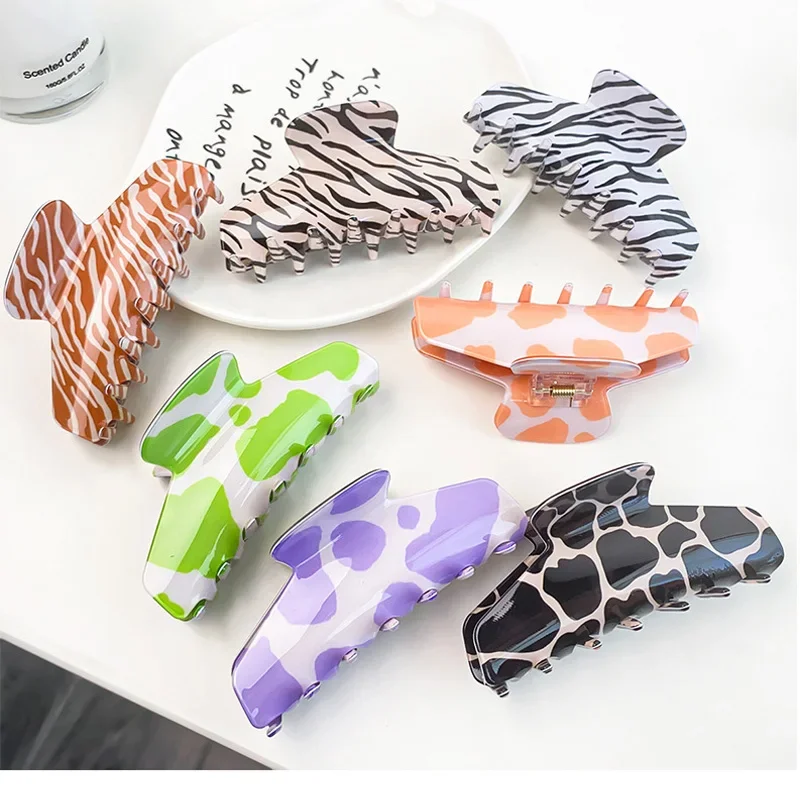 YHJ 다채로운 얼룩말 그레인 헤어 클로, 프렌치 대형 그립 클립, 레트로 크랩 헤어 클립, 상어 클로 클립, 여성용 헤어 액세서리