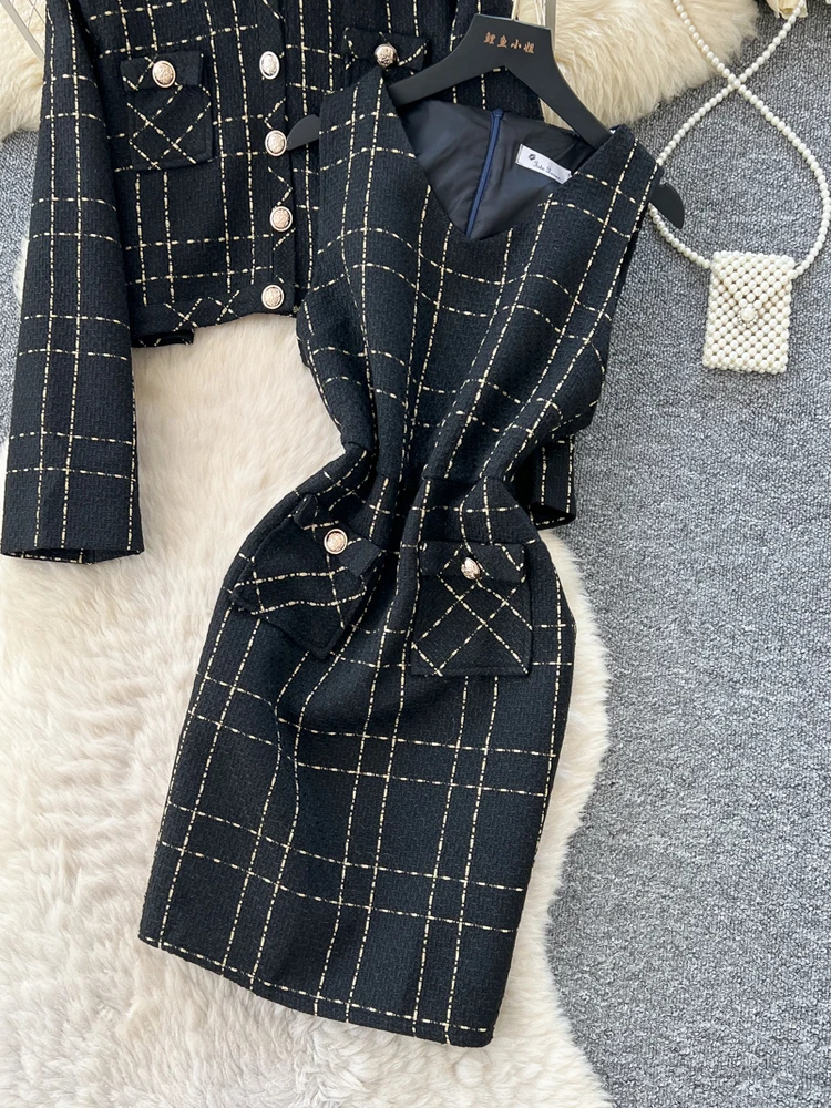 Ele Plaid Woolen Dr Women's Autumn Winter Slimming Svel Long Sve ort Coat High Waist Faion Set Casual Wor...