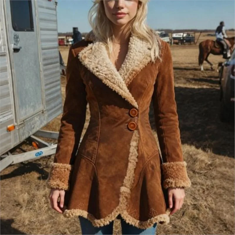 

2025 Autumn Winter New Versatile Solid Color Women Casual Loose Jacket Fashion Lapel Female Plush Thick Medium Long Coat