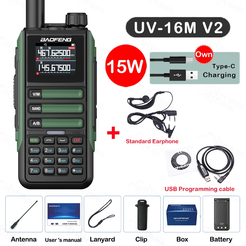 Upgrade Baofeng UV16M V2 Walkie Talkie 15W Hoge capaciteit AM FM 2-weg radio Volledige band LCD 999CH Frequentie Kopie NOAA Ruisonderdrukking