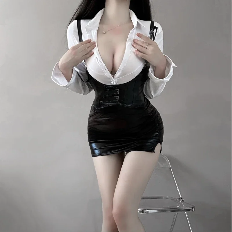 Sexy OL Secretarial Uniform Cosplay Costume Teacher Outfits Shirt Leather Mini Skirt Suit Role Play Nightclub Clothing Halloween