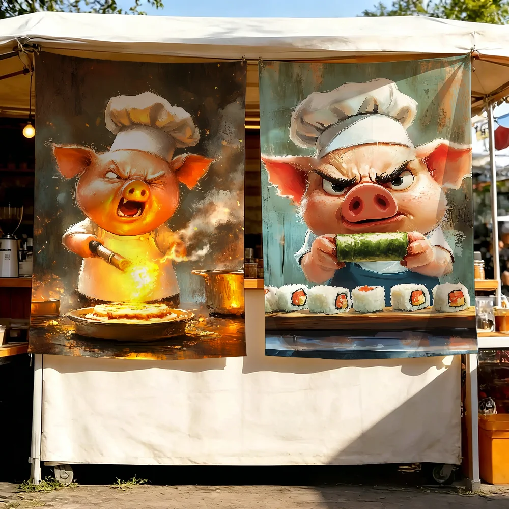 Funnny Pig-Chef Cooking  The Angry Dessert flag For Party Picnic Camping Studio Booth Background Wall Interior Decoration Banner