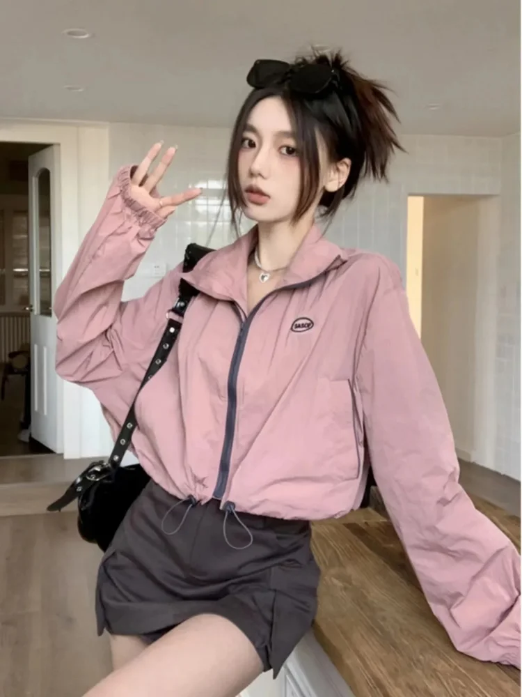 Korean Cropped Jacket Women Y2k Streetwear Loose Vintage Harajuku Outdoor Track Jackets Causal Short Thin Sports Outwear New