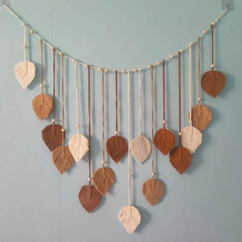 معلقة على الحائط من نسيج نورديك ليف المنسوج يدويًا - علاج مزاج بوهو لغرفة النوم وBnB، ديكور جدار مكرامية بسيط لتزيين الغرفة #3