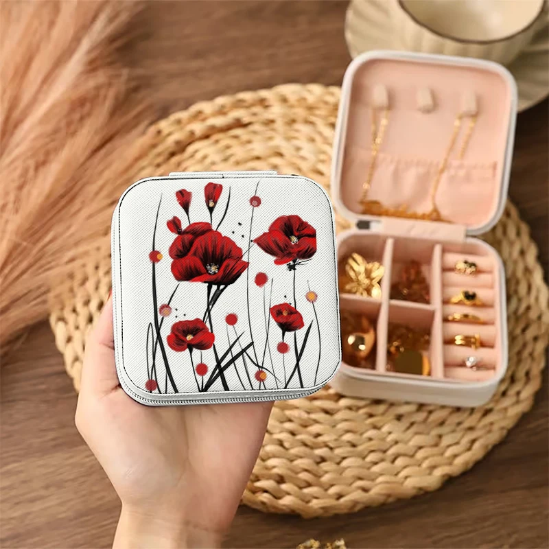 1pc Fiery poppies Portable Jewelry Storage Box, Simple Jewelry Organizer Box,Gifts Box For Women