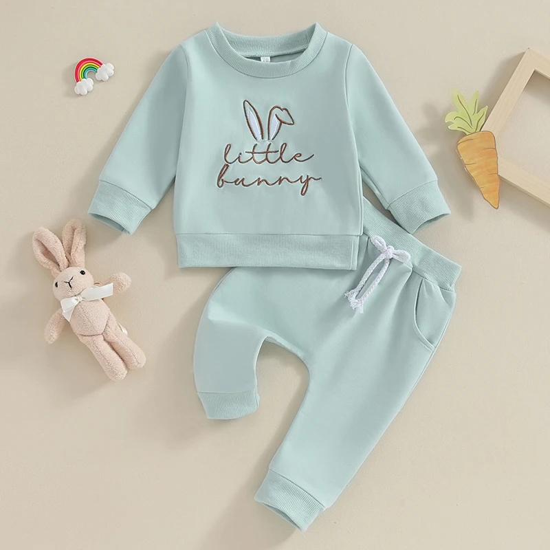 

SUNSIOM Toddler Girls Easter Outfit Letter Bunny Embroidery Long Sleeve Sweatshirt and Elastic Waist Pants Set Cute Clothes