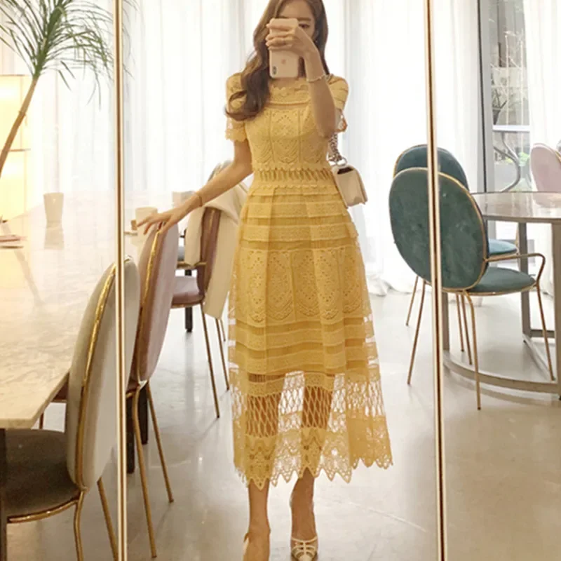 Summer Women Hollow Out Lace Dress Elegant Female Short Sleeve Casual Big Swing Long Beach Dresses Yellow Party Dress Vestidos