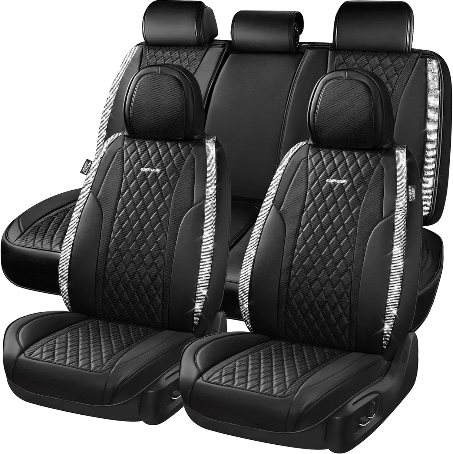 

Bling Leather Car Seat Covers, Waterproof Anti-Slip Universal Fit for SUV Truck Sedan, Sparkly Rhinestone Silver Diamond